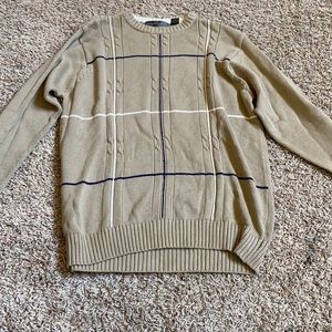 tan sweater with blue and off white striped
